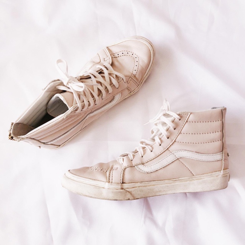pastel pink leather sk8-hi vans with gold zippers and brogue detail